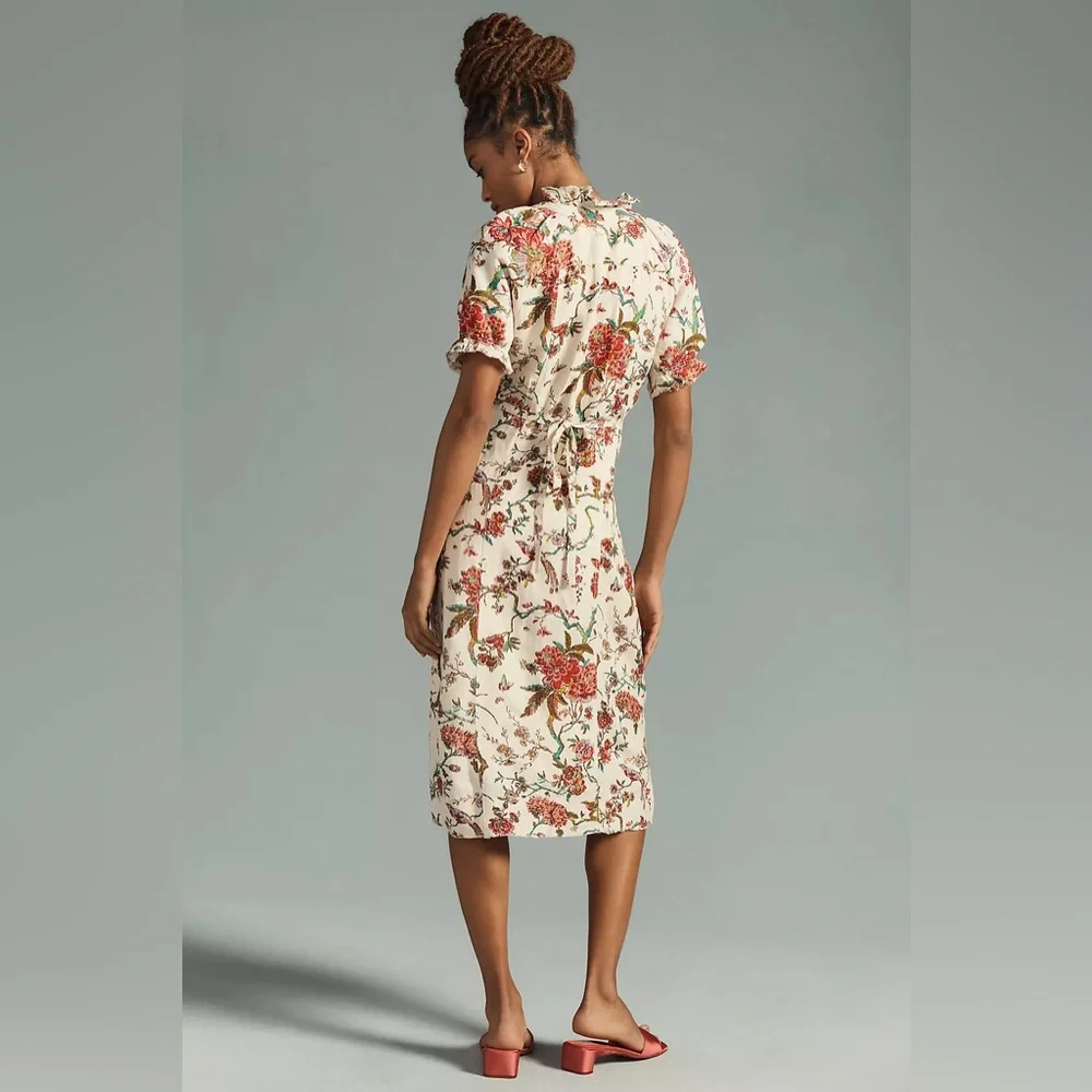 Pilcro by Anthropologie Floral Dress Beige Multi Ruffle Collar Button Lined - Picture 3 of 8